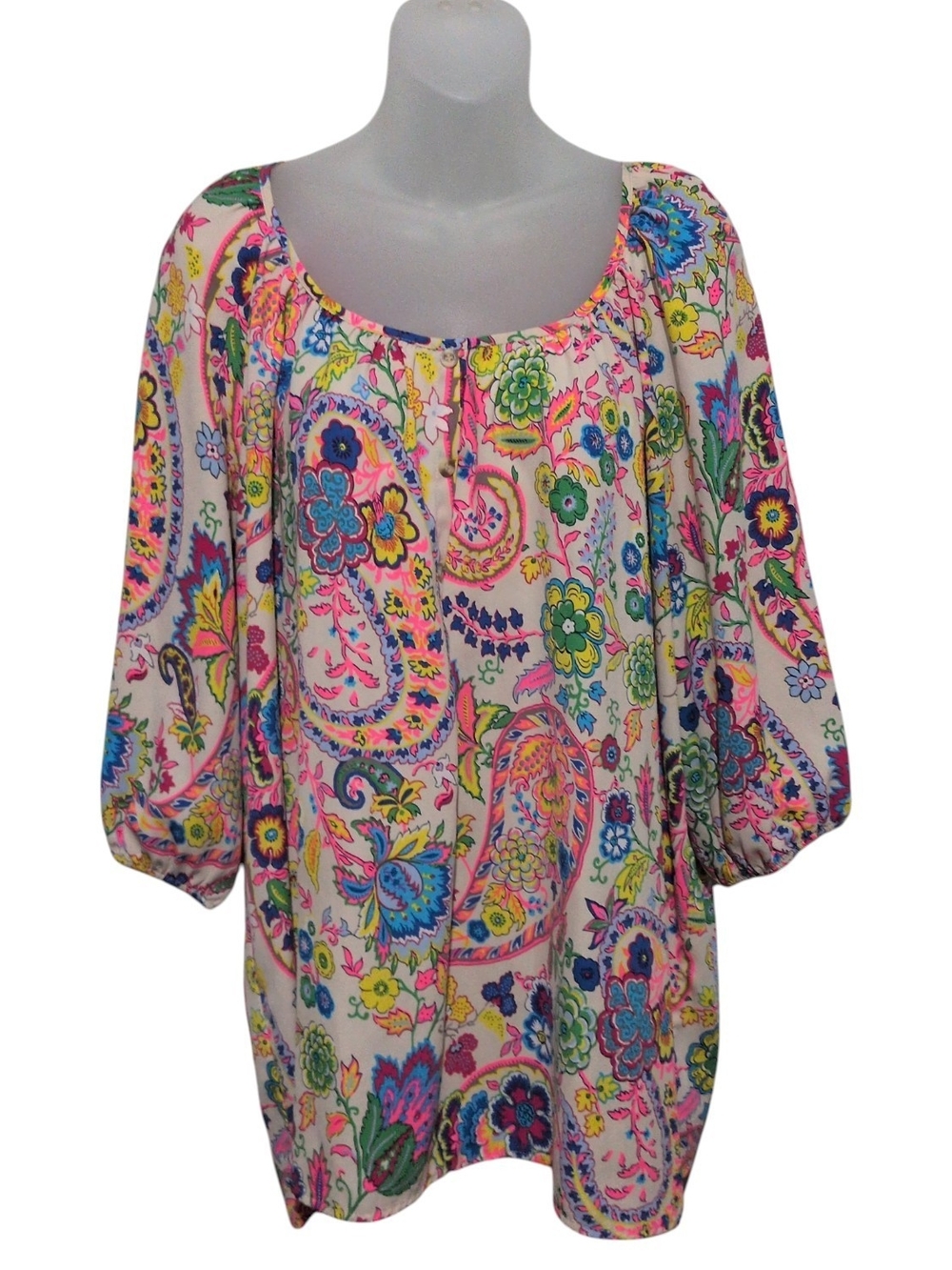 Gibson & Latimer Vibrant Cream Colorful Neon Paisley Boho Peasant Tunic Top XL